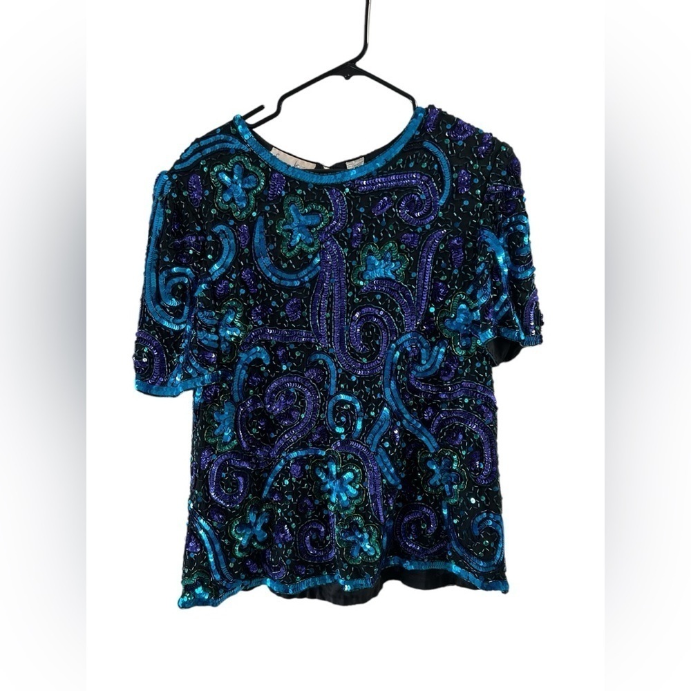 Laurence Kazar silk sequin short sleeve blouse